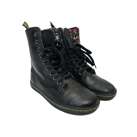 Dr. Martens Stratford Black Fold Over Floral Lined Leather Combat Boots US 7 - Picture 1 of 15